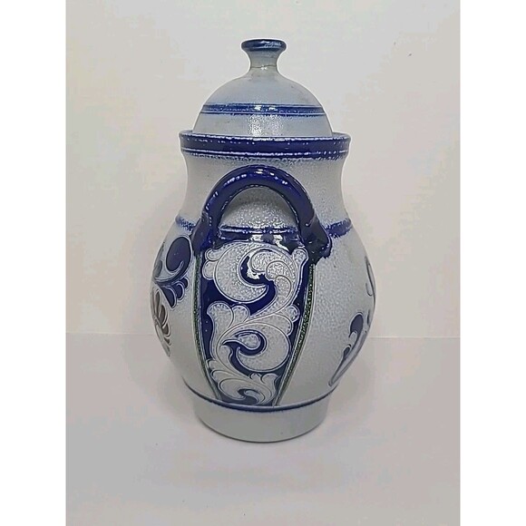 Rumtopf Crock Fermenting Jar w/ Lid Blue Salz Glazed Canister 8.5" Repaired - Picture 4 of 9